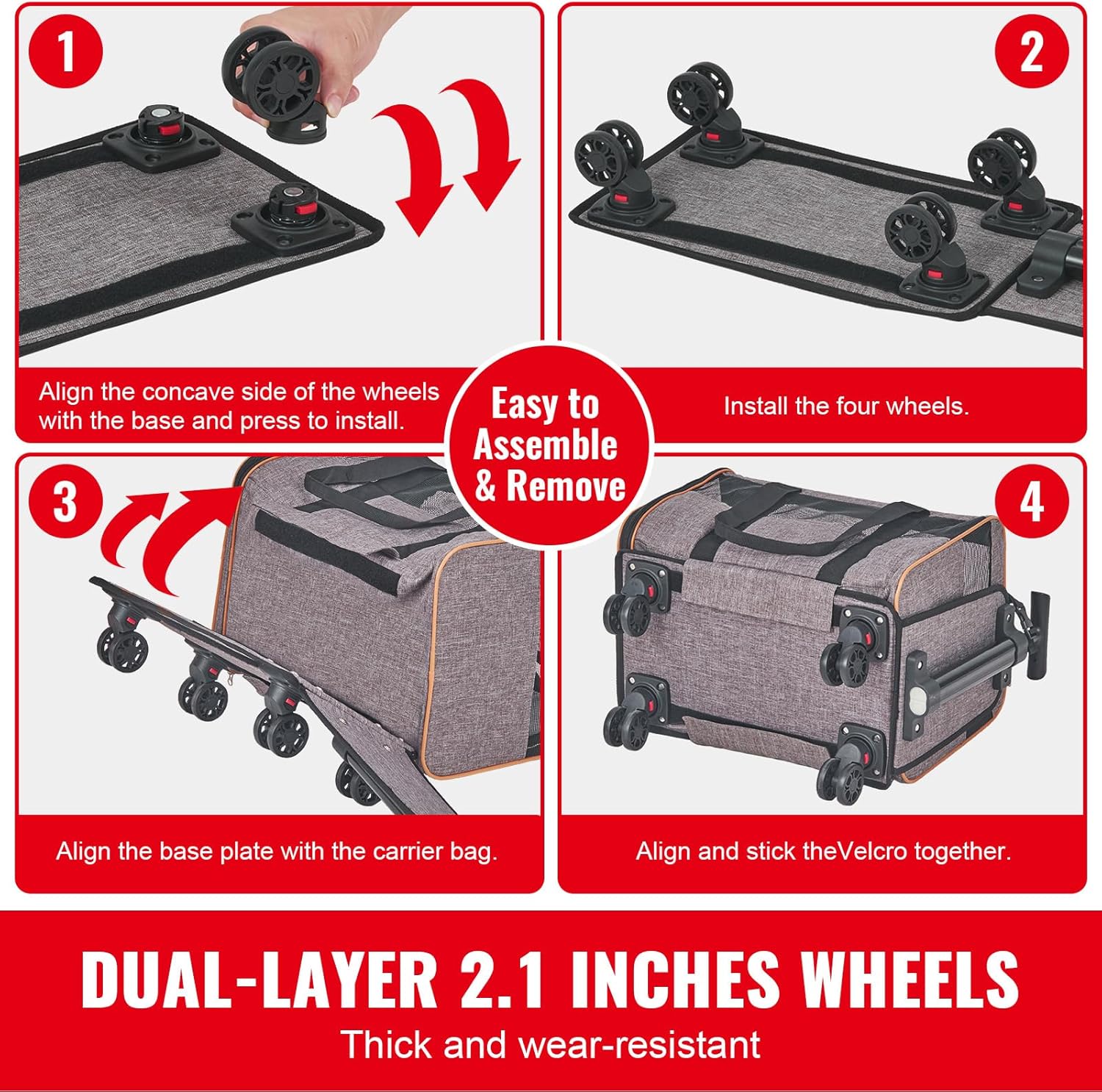 Happybuy Cat Carrier with Wheels, Airline Approved Rolling Pet Carrier with Telescopic Handle and Shoulder Strap, Holds Pets up to 22 lbs, Includes Folding Bowl, Grey - Image 4