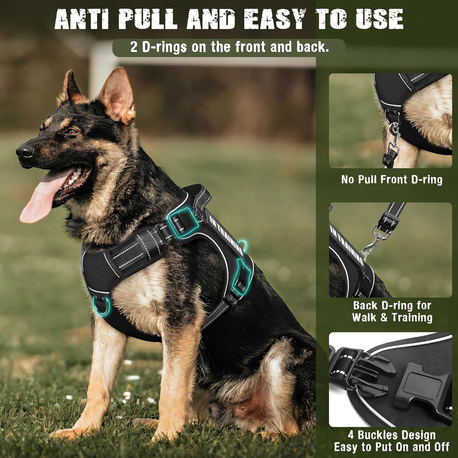 Tactical Dog Harness and Leash Set for Large Dogs,Heavy Duty No Pull Service Dog Vest and 10 Patches with Dog Seat Belt,Reflective Adjustable Pet Harness for Training Walking Hiking Black L - Image 2