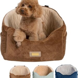 Premium Dog Car Seat for Small & Medium Dogs – Washable Booster Travel Bed with Safety Belt & Storage – Luxurious Portable Pet Bed for Car and Home – Under 30lbs (Brown)
