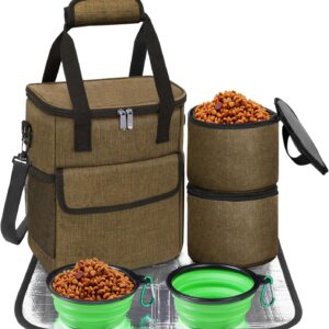 Dog Travel Bag for Camping - Pet Travel Accessories with 2 Collapsible Bowls, 2 Food Containers & Waterproof Feeding Mat - Portable Dog Carrier, Coffee (Small)