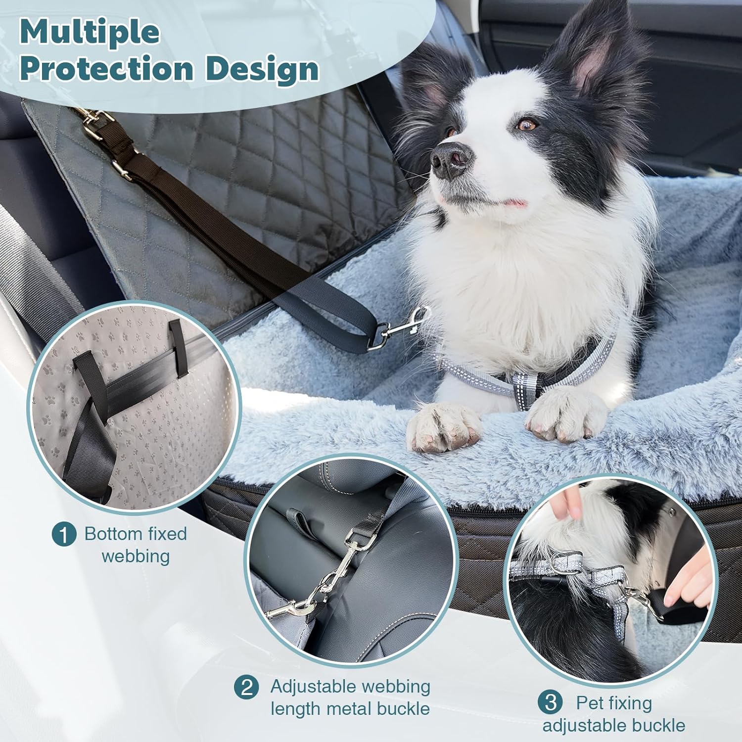 Dog Car Seat for Large/Medium Pet, Anti Slip Bottom Dogs Booster Seat for All Seasons,Pet Travel Bed with Thick Dog Sofa Cushion,2 Safety Leashes(Black) - Image 6