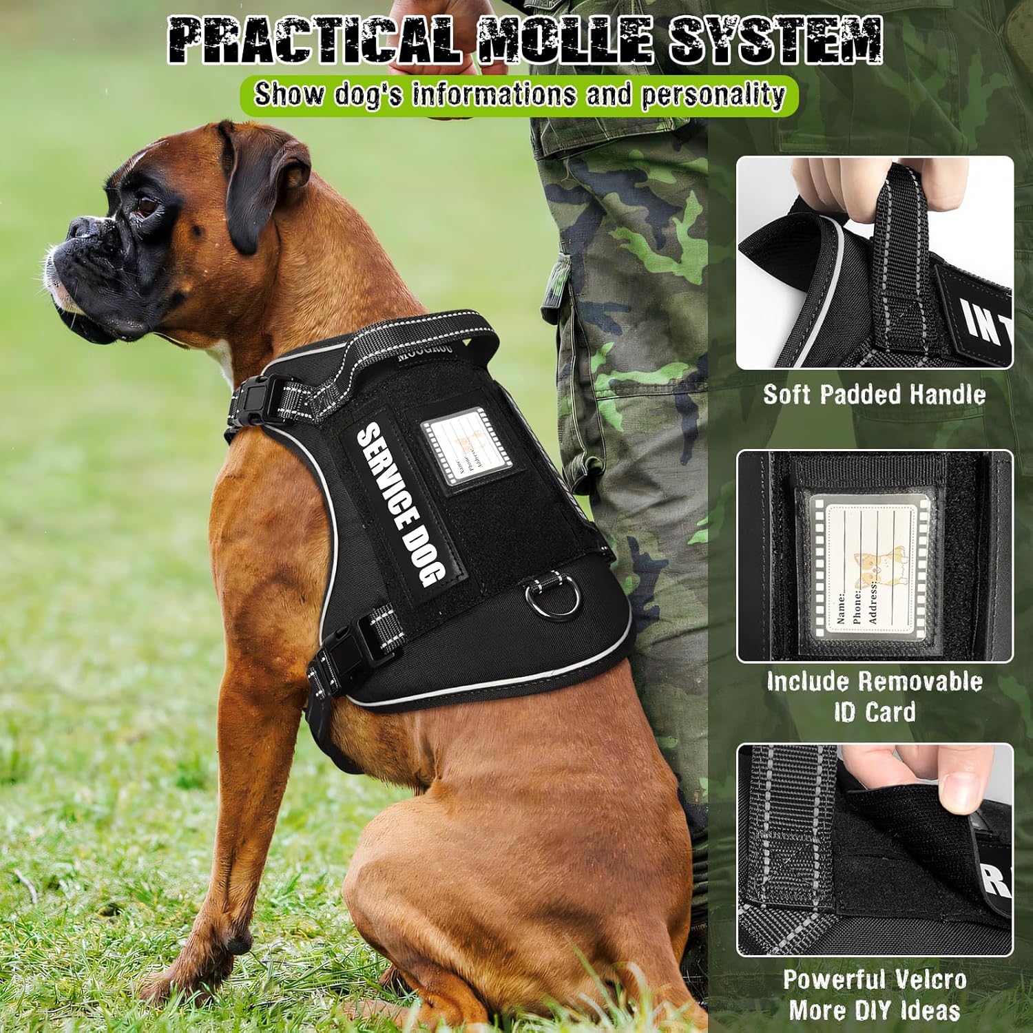 Tactical Dog Harness and Leash Set for Large Dogs,Heavy Duty No Pull Service Dog Vest and 10 Patches with Dog Seat Belt,Reflective Adjustable Pet Harness for Training Walking Hiking Black L - Image 3
