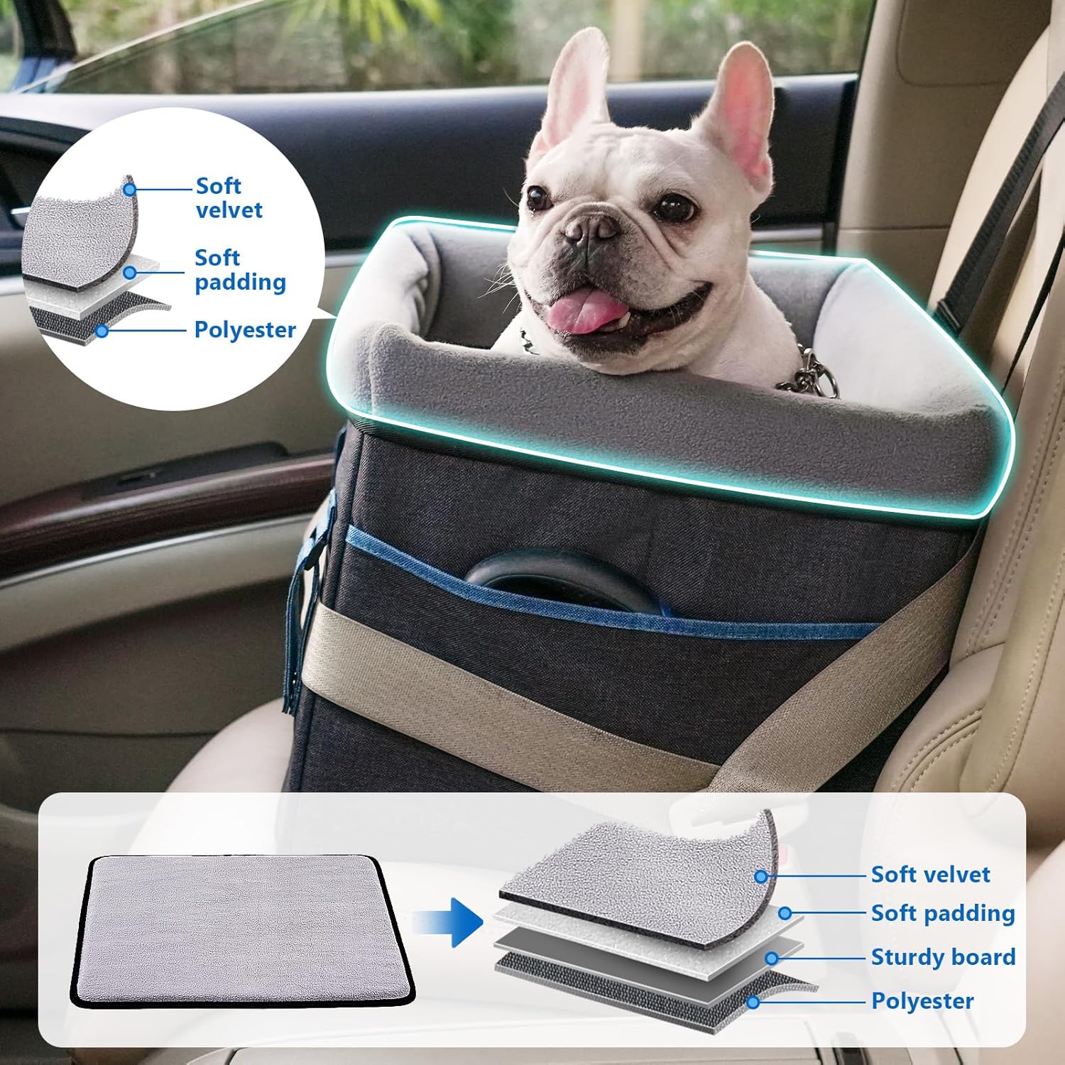 BurgeonNest Dog Booster Car Seat for Small Dogs, Washable Anti-Collapse Pet Bed for Car Front Back Seat, Cat Puppy Travel Carseats Up to 25lbs, Clip-On Safety Leash and Booster Fluffy Pad, Grey - Image 6
