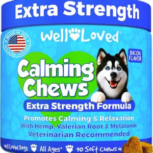 Calming Chews for Dogs - Dog Calm Treats, Made in USA, Vet Recommended, Behavior Support with Melatonin & Hemp, Stress, Separation, Fireworks, Travel, Extra Strength