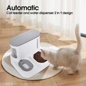 Automatic Cat Feeder,Gravity Auto Timed Pet Dry Food Self Feeding Container Dishes Bowl and Water Dispenser Fountain for Dog Puppy Kitten Kit Set Integrated 2 in 1 Continuous Tray(Grey)
