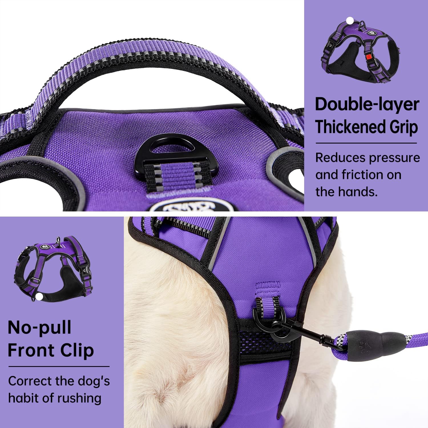 IVY&LANE No Pull Dog Harness for Medium Dogs, Dog Vest Harness with Leash, Safety Belt and Storage Strap, Fully Adjustable Harness, 360° Reflective Strip, Soft Handle (Purple, M) - Image 5