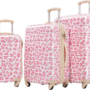 Merax 3 Piece Luggage Sets, Hardside Expandable Luggages Spinner Leopard Suitcase with TSA Lock Lightweight Rolling Carry on Luggage 20inch 24inch 28inch,Pink Leopard