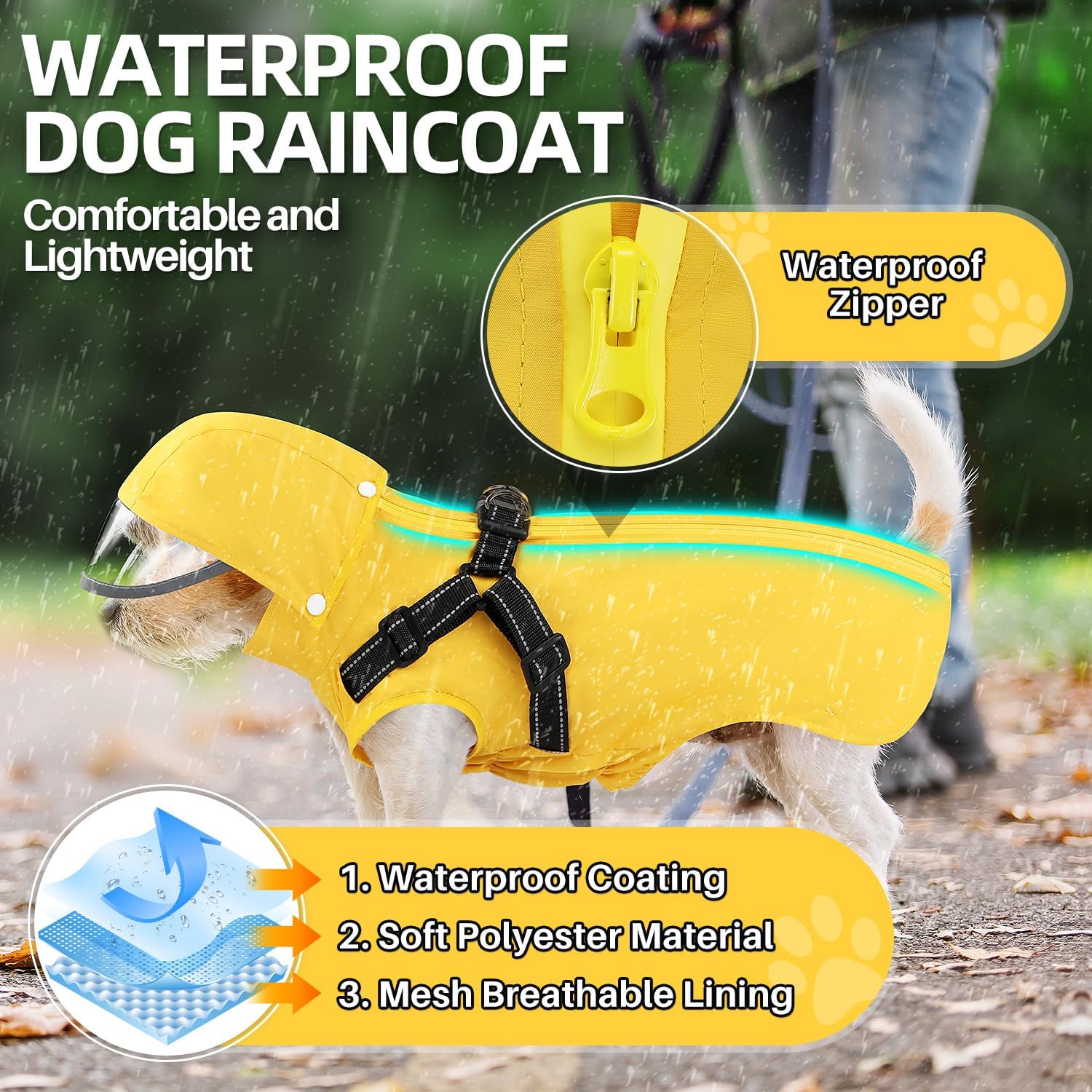 Lukovee Dog Raincoat - Waterproof Rain Jacket with Harness & Removable Hood, Reflective Double Layer Dog Rain Coat Poncho for Small Medium Large Dogs Puppy (S, Yellow) - Image 4