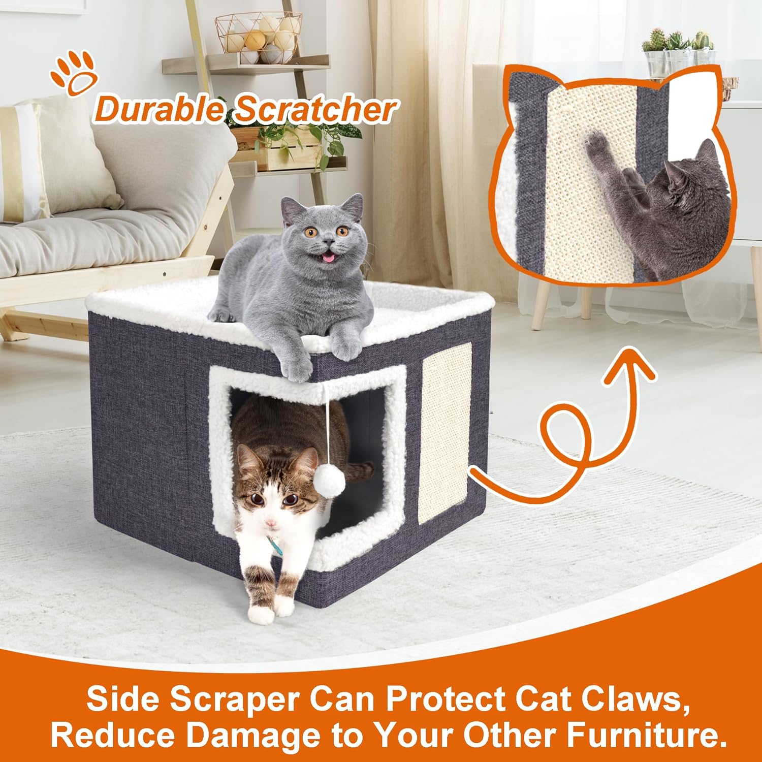 Cat Houses for Indoor Cats - Large Cat Bed Cave with Scratch Pad and Fluffy Ball, Foldable Cat Condo Hideaway with Reversible Cushion for Multi Small Pet, Dark Grey - Image 2