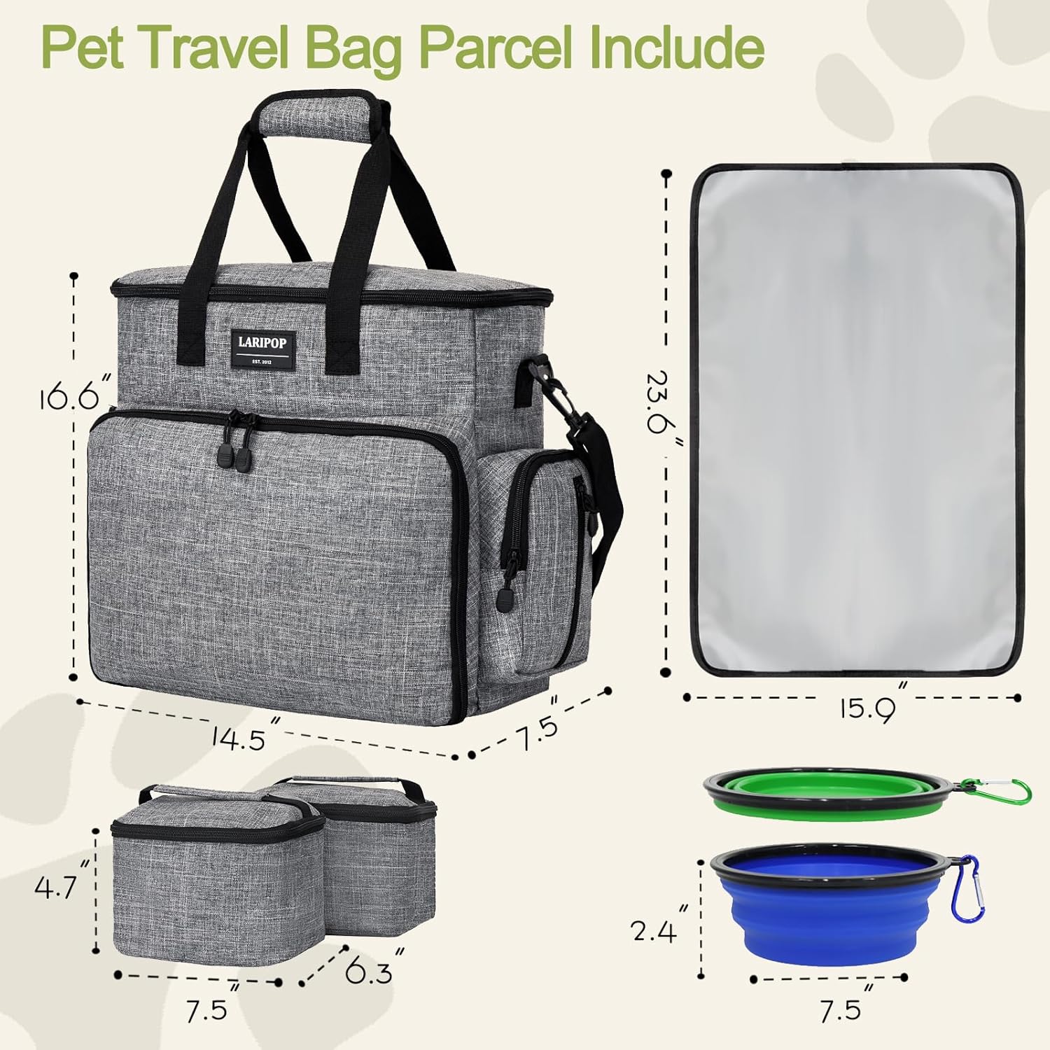 Dog Travel Bag,Weekend Pet Travel Bag Set for Dog and Cat,Airline Approved Tote Multi-Function Dog Bags for Traveling,Include 2 Collapsible Bowls,2 Food Storage Containers,1 Feeding Mat,Gray - Image 2