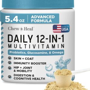 12-in-1 Multivitamin Powder for Dogs – 5.4 oz of Puppy and Senior Dog Vitamins and Supplements – Advanced Formula with Glucosamine, Omega 3,6,9, Vitamins, Probiotics, and More – Made in The USA