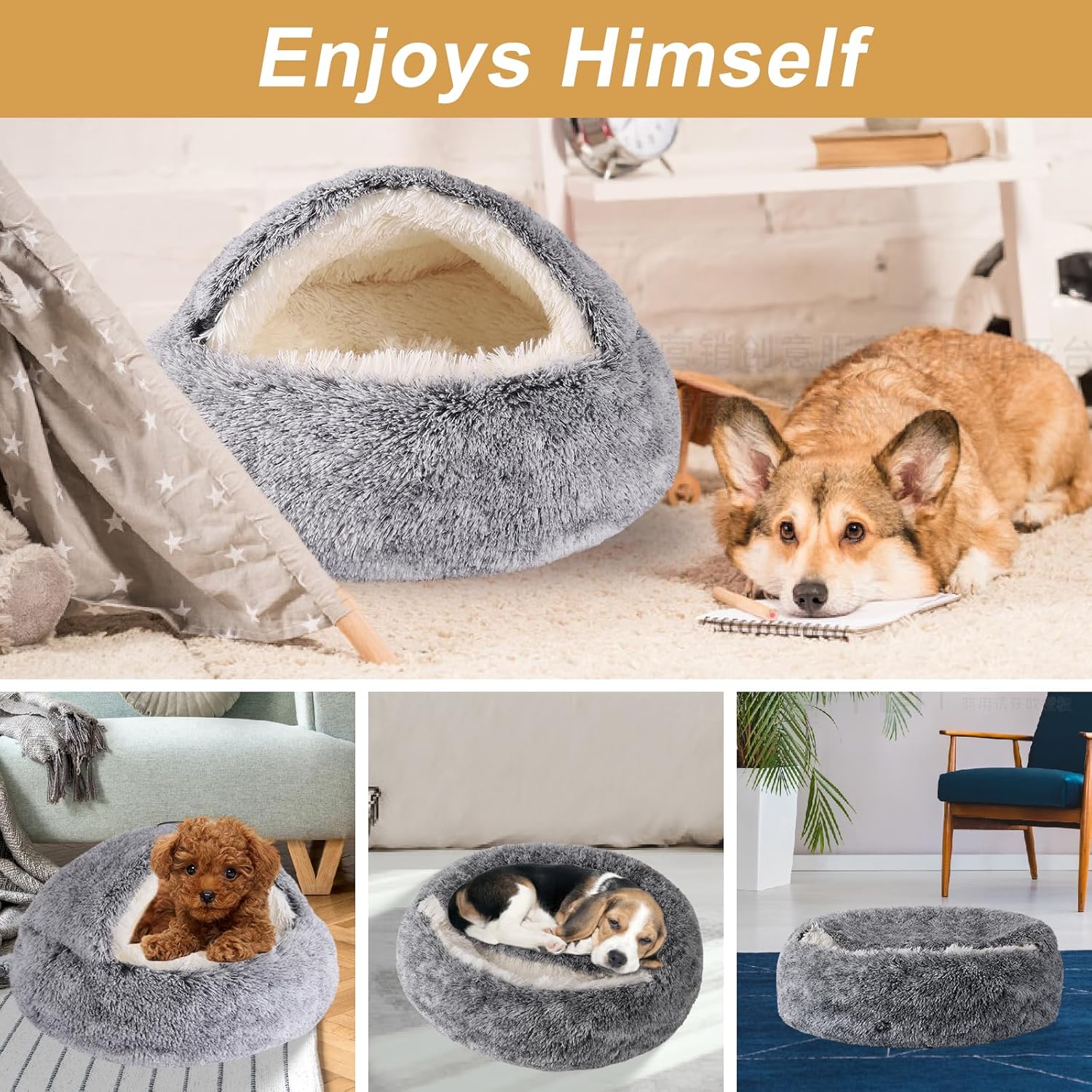 Hooded Dog Bed for Small Dogs, Nest Dog Beds, Washable Cute Cat Cave Bed, Cozy Nook Pet Bed for Dogs or Cats, Anti-Slip Puppy Bed Fits up to 22 lbs Pets(Grey, 20" x 20") - Image 7