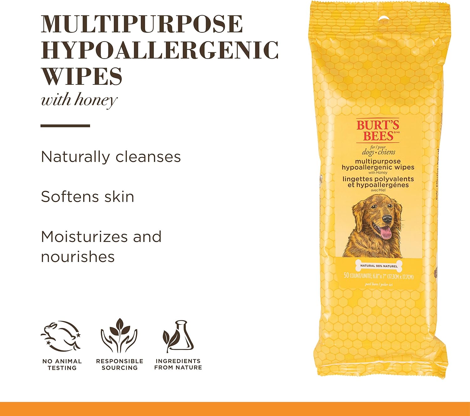 Burt's Bees for Pets Multipurpose Dog Wipes with with Honey, 98% Natural Origin Formulas, Hypoallergenic Dog Wipes Cleaning, Dog Cleaning Wipes, Dog Wipes for Paws and Butt, 50ct - Image 2