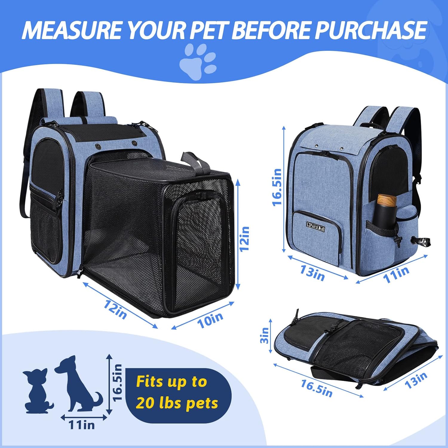 Petskd Expandable Pet Carrier Backpack for Small Medium Dog and Cat, Large Space Fits up to 15 lbs Pet, Foldable Backpack with Safety Lock Zipper and Breathable Mesh for Travel Hiking Camping(Blue) - Image 2