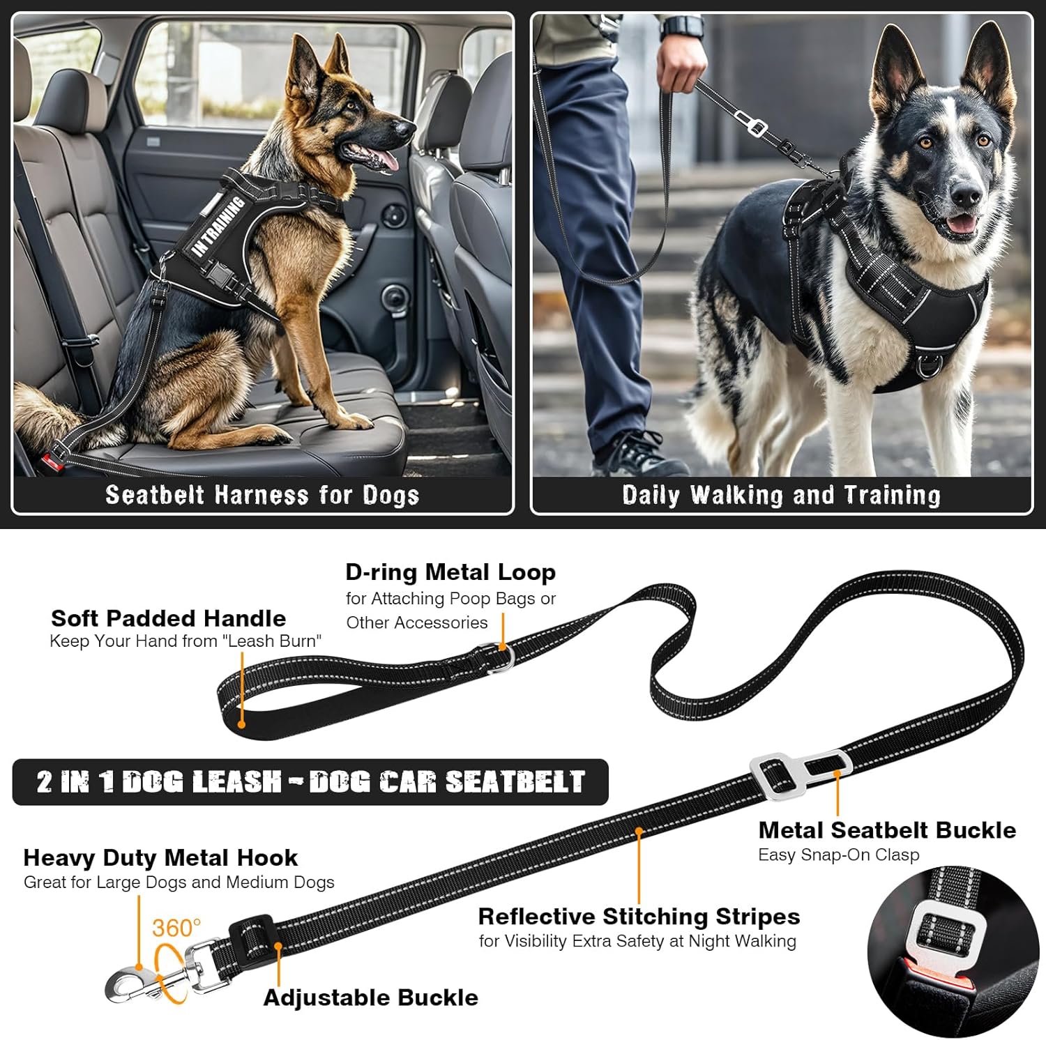 Tactical Dog Harness and Leash Set for Large Dogs,Heavy Duty No Pull Service Dog Vest and 10 Patches with Dog Seat Belt,Reflective Adjustable Pet Harness for Training Walking Hiking Black L - Image 4