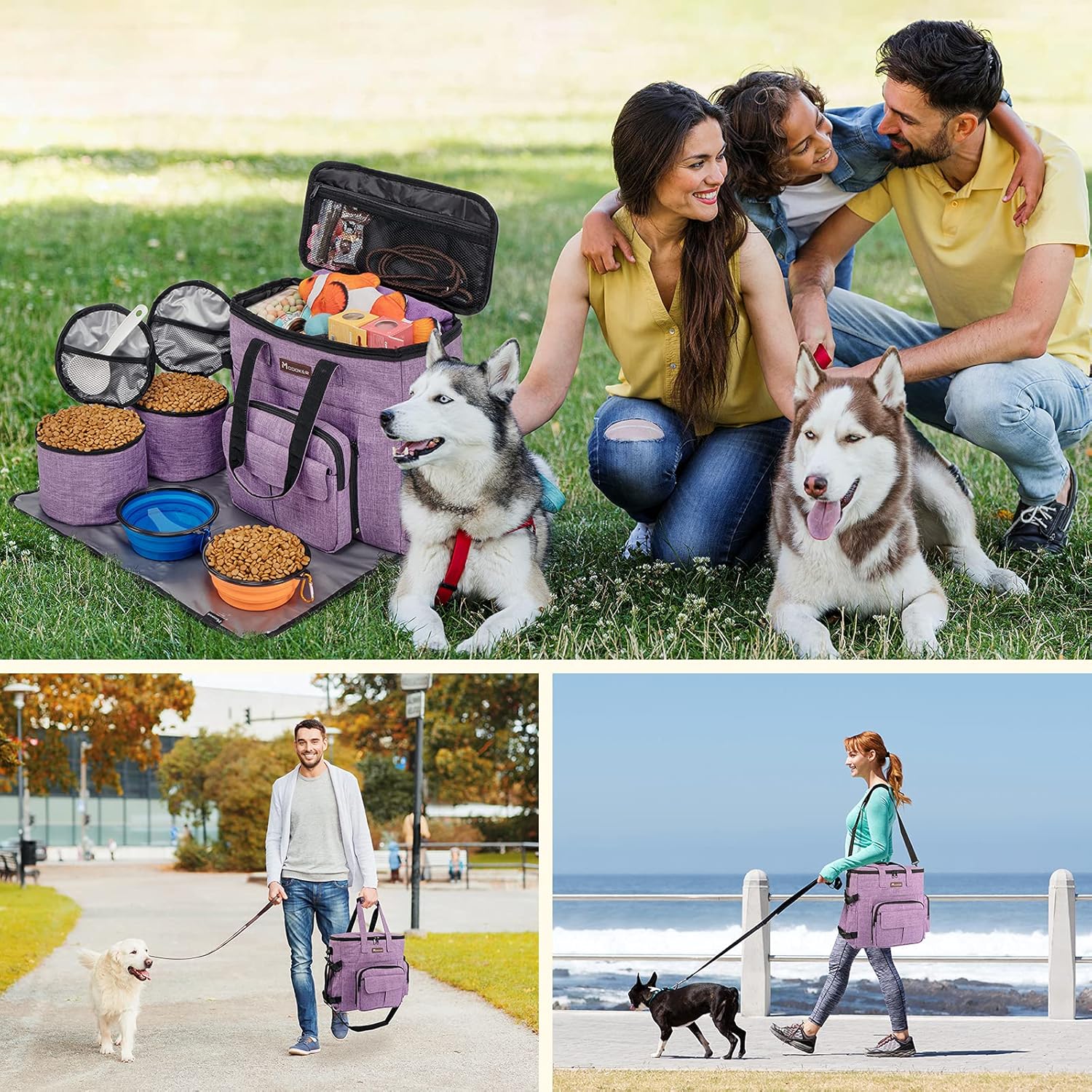 Modoker Dog Travel Organizer Carriers for Supplies & Accessories, Airline Approved Cat Pet Travel Bag, 2 Collapsible Bowls, 2 Travel Dog Food Container, Purple - Image 6
