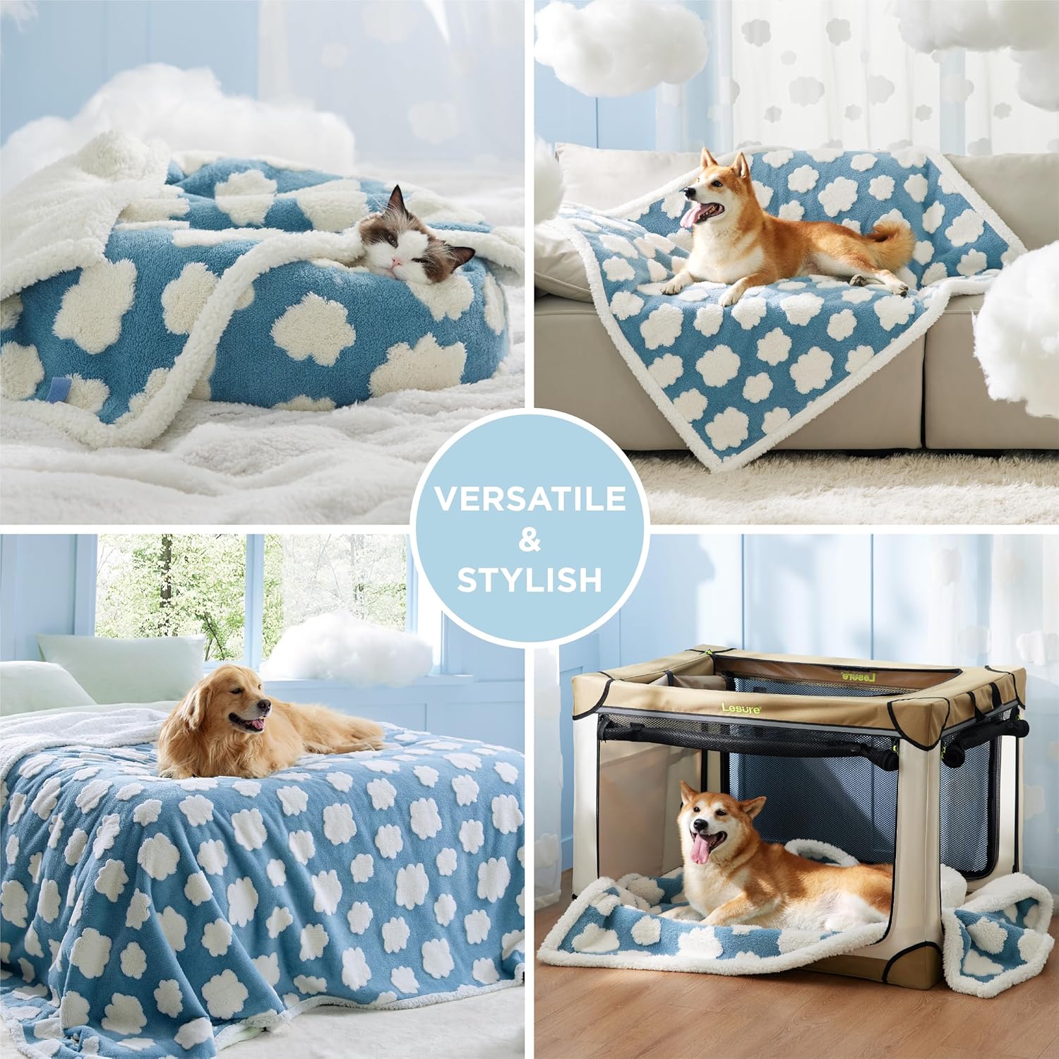 LE SURE Waterproof Puppy Blanket for Small Dogs - Washable Double Sided Dog Blankets with Warm Jacquard Shag and Soft Sherpa Fleece, Pet Cat Blanket for Couch Protection, 3D Textured Cloud, Blue - Image 5