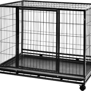 Amazon Basics - Portable Heavy Duty Stackable Dog Pet Kennel on Wheels with Tray, Black, 43.5"L x 29.8"W x 34.3"H