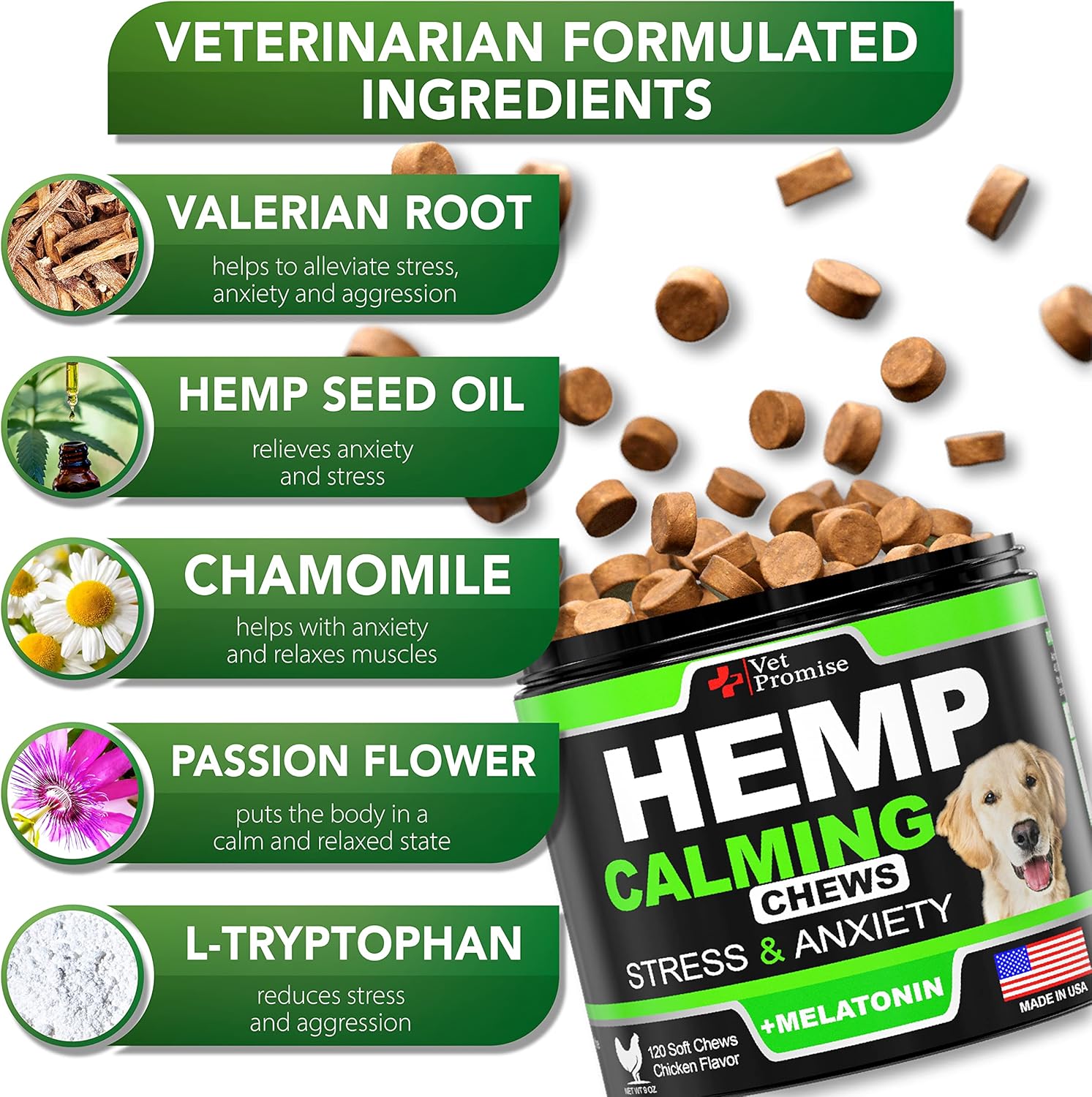 Hemp Calming Chews for Dogs with Anxiety and Stress - Dog Calming Treats - Anxiety Relief - Separation - Travel - Barking - Melatonin - Hemp Oil - 120 Soft Treats - Made in USA - Image 3