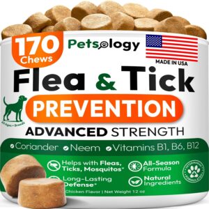 Flea and Tick Prevention for Dogs Pills - Natural Dog Flea & Tick Control - 170 Soft Chewables - Oral Defense Treatment for Dogs Supplement - Vet Formulated Chews - All Breeds & Ages - Made in USA