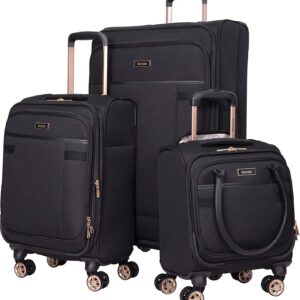 kensie Hudson Softside Spinner Luggage, Black with Rose Gold, 3-Piece Set (16/20/28)
