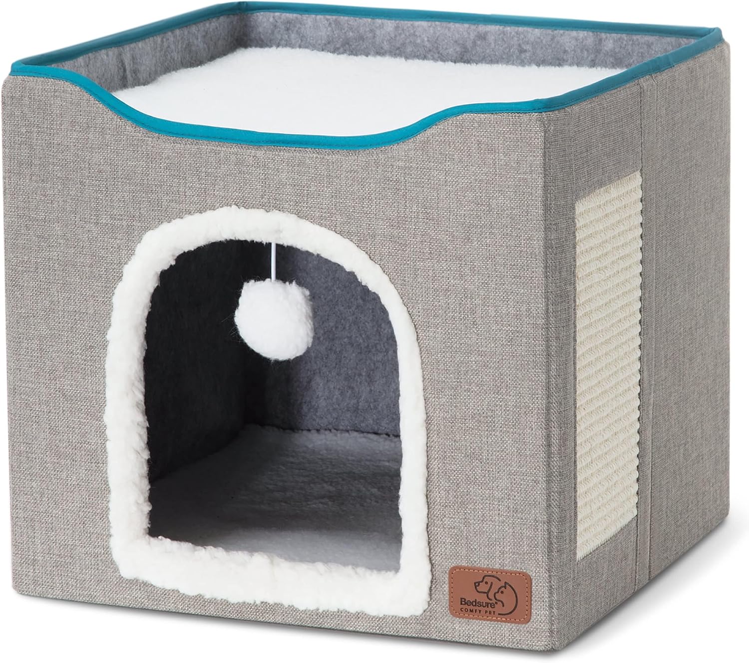 Bedsure Cat Beds for Indoor Cats - Large Cat Cave for Pet Cat House with Fluffy Ball Hanging and Scratch Pad, Foldable Cat Hideaway, 16.5x16.5x13 inches, Grey - Image 8