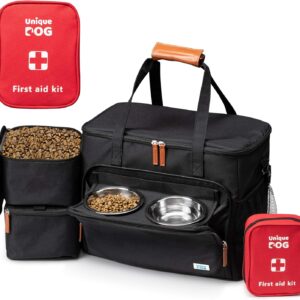 Unique Dog Travel Bag – Dog Traveling Luggage Set for Dogs Accessories – Include Pet First Aid Bag with Case Tags, Elevated Bowl Stand, 2X Food Storage Containers, 2X Dog Stainless Steel Bowls.