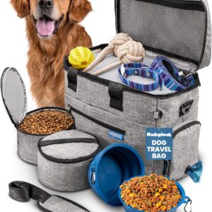 The Original Doggy Bag™ – Complete Dog Travel Bag for Supplies with 2 BPA-Free Travel Dog Bowls & 2 Pet Food Containers – Traveling Kit for Road Trips, Camping, Weekend Away or Doggy Gift – Grey