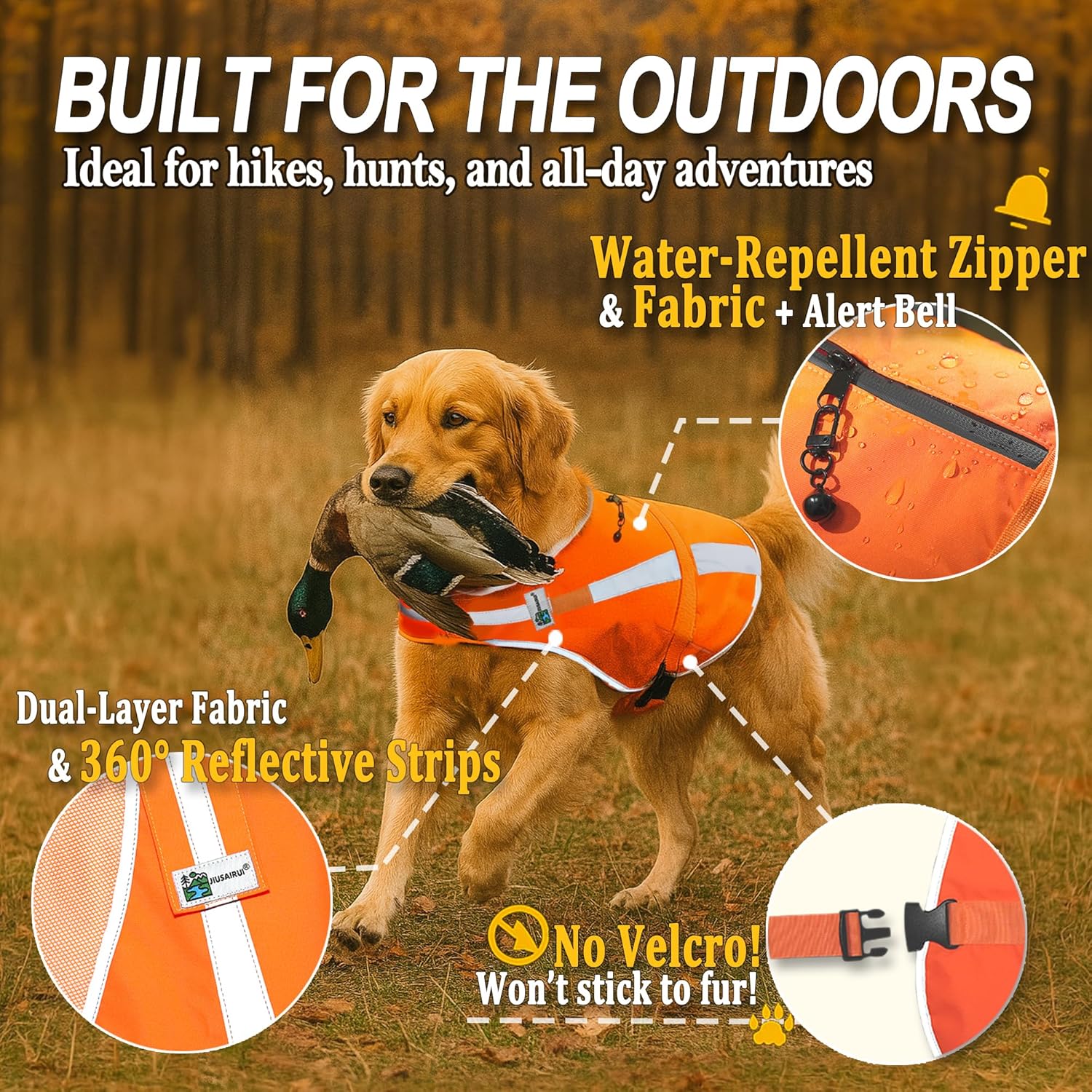 Reflective Dog Hunting Vest – Blaze Orange Safety Vest with Removable Bell, Waterproof and Lightweight (L) - Image 4