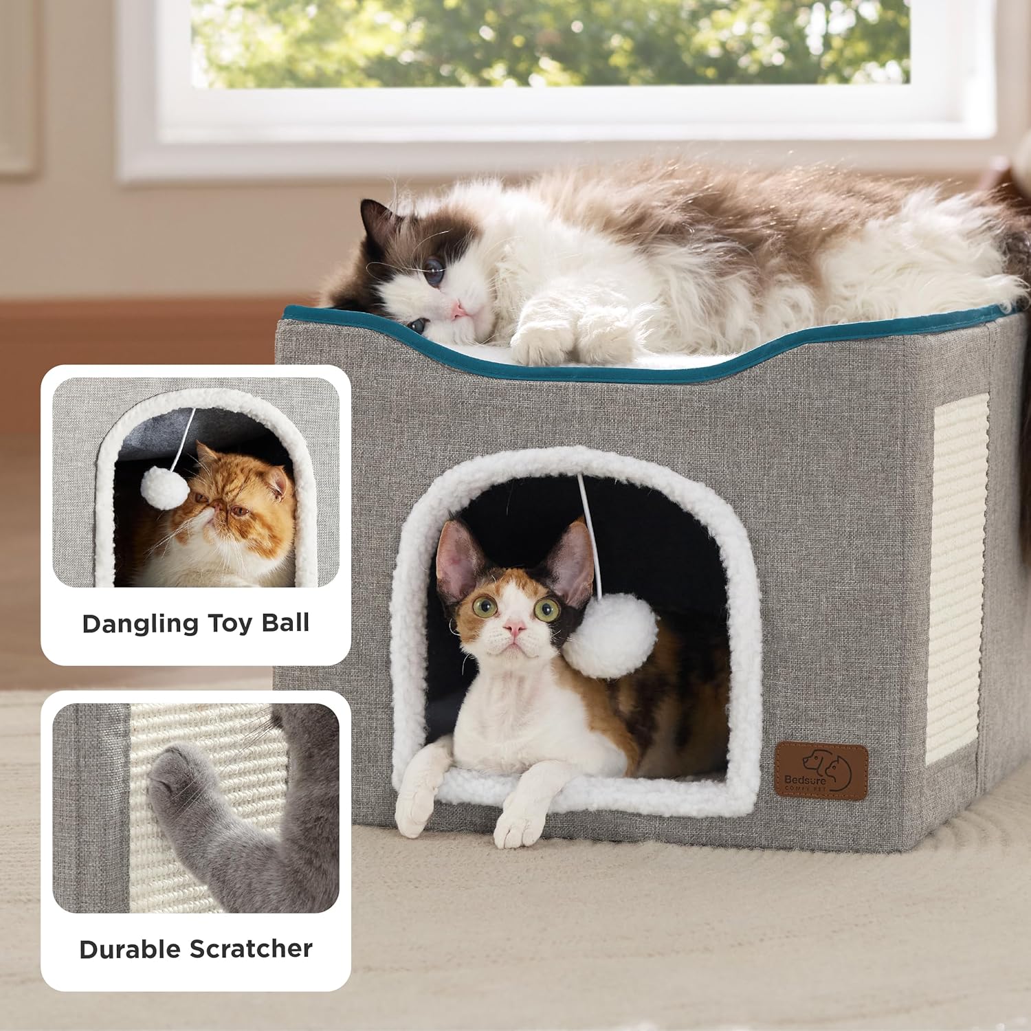 Bedsure Cat Beds for Indoor Cats - Large Cat Cave for Pet Cat House with Fluffy Ball Hanging and Scratch Pad, Foldable Cat Hideaway, 16.5x16.5x13 inches, Grey - Image 4