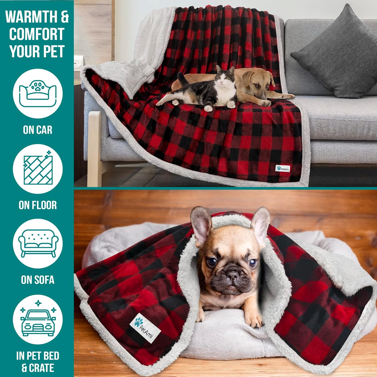 PetAmi Dog Blanket for Medium Large Dogs, Pet Bed Blanket Cat Puppy Kitten, Fleece Furniture Couch Cover Protector Sofa Car, Soft Sherpa Dog Throw Plush Reversible Washable, 40x60 Checker Red - Image 5