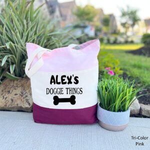 Personalized Dog Tote Bag, Doggie Things Bag, Custom Dog Bag, Dog Lovers Gift, Dog Owner Gifts, Dog Mom Gifts, Dog Toys Bag, Trendy Dog Bag (15″L x 15″H x 3″D, Tri-Color Pink)