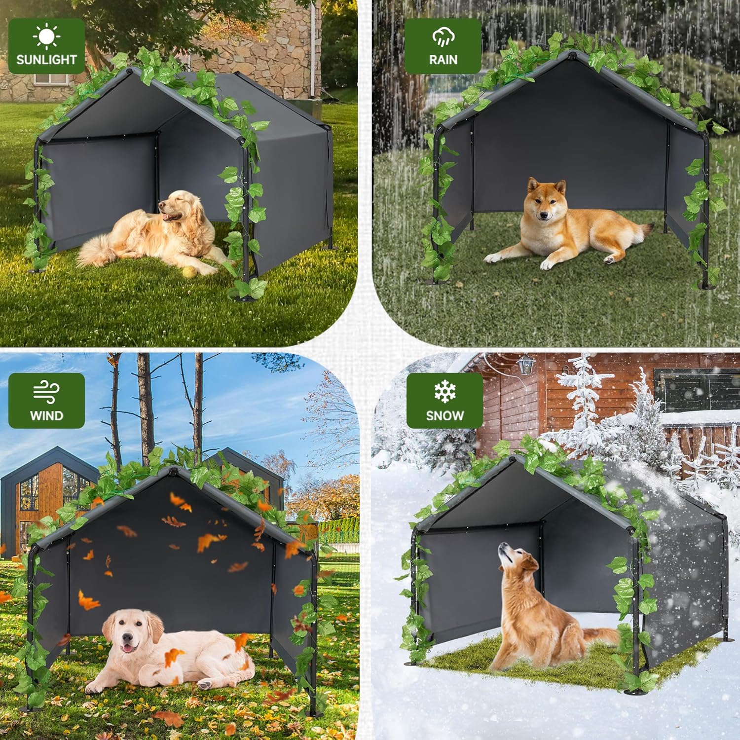 4'x 4'x 3.3' Large Dog Shade Shelter Outdoor Tent Dog House for Large Medium Dogs, Outside Sun Rain Canopy Pet House for Cats Pigs Livestock with Rainproof Cover Artificial Grapevine Leaves - Image 7