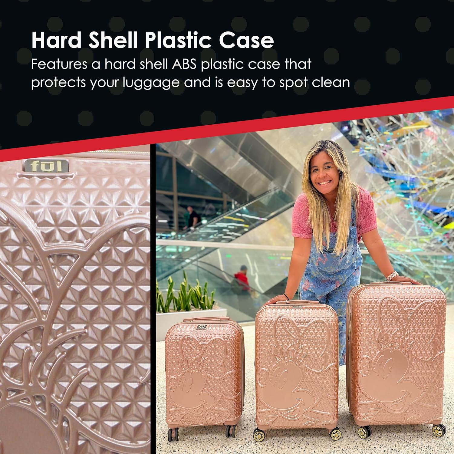 FUL Disney Minnie Mouse Rolling Luggage, Textured Hardshell Suitcase with Wheels, Rose Gold, 3 Piece Set - Image 4