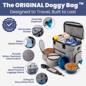 The Original Doggy Bag™ – Complete Dog Travel Bag for Supplies with 2 BPA-Free Travel Dog Bowls & 2 Pet Food Containers – Traveling Kit for Road Trips, Camping, Weekend Away or Doggy Gift – Grey