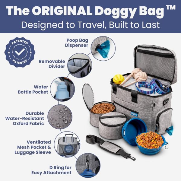 The Original Doggy Bag™ - Complete Dog Travel Bag for Supplies with 2 BPA-Free Travel Dog Bowls & 2 Pet Food Containers - Traveling Kit for Road Trips, Camping, Weekend Away or Doggy Gift - Grey - Image 2