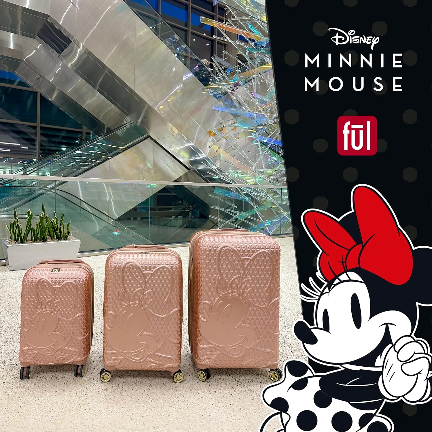 FUL Disney Minnie Mouse Rolling Luggage, Textured Hardshell Suitcase with Wheels, Rose Gold, 3 Piece Set - Image 7