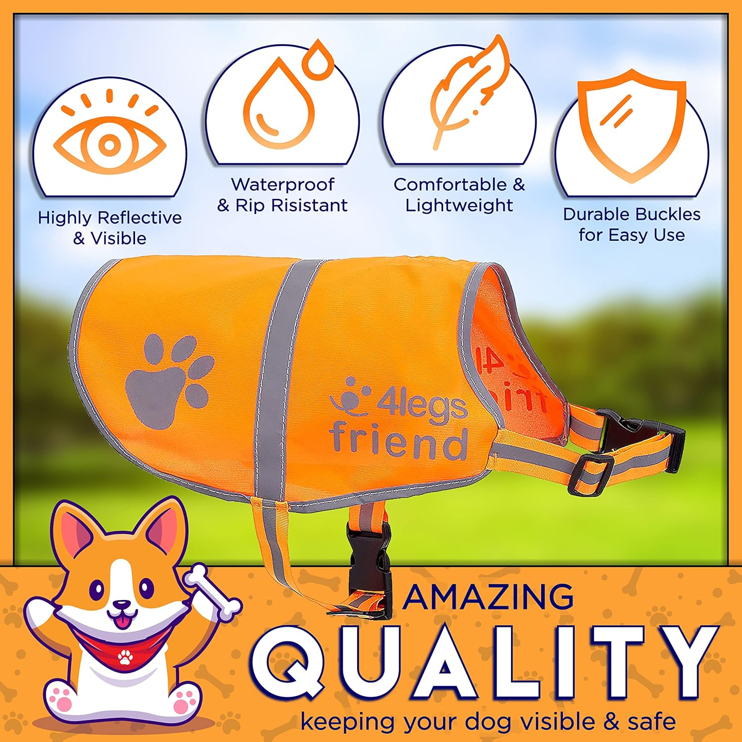 Upgraded Reflective Dog Vest. Hi-Visibility, Fluorescent Blaze Orange Dog Vest Helps Protect Your Best Friend. Safeguard Your PUP from Motorists & Hunting Accidents, On or Off Leash by 4LegsFriend - Image 2