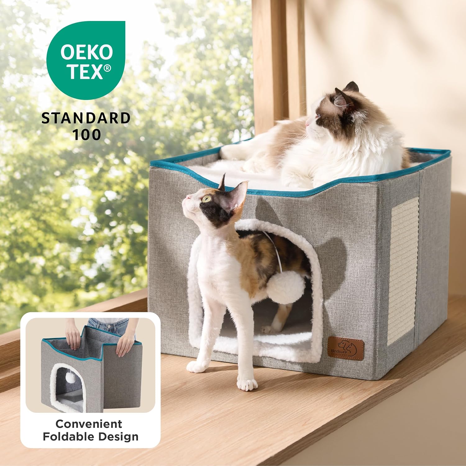 Bedsure Cat Beds for Indoor Cats - Large Cat Cave for Pet Cat House with Fluffy Ball Hanging and Scratch Pad, Foldable Cat Hideaway, 16.5x16.5x13 inches, Grey - Image 3