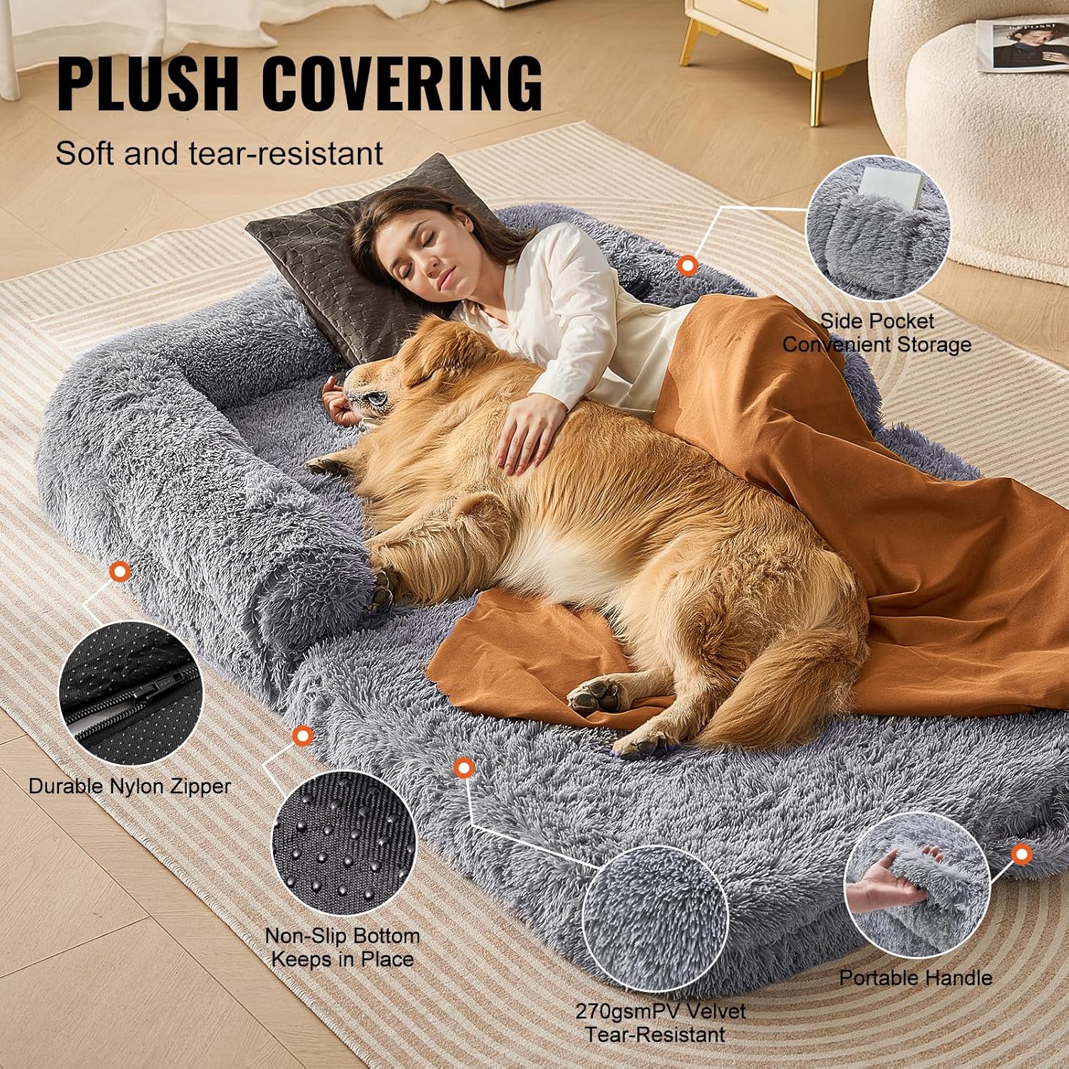 VEVOR Foldable Human Dog Bed, 72"x48"x10" Giant Human Sized Dog Bed with Washable PV Velvet Cover, Egg Orthopedic Foam, Storage Pocket, for You and Pet, Grey - Image 3