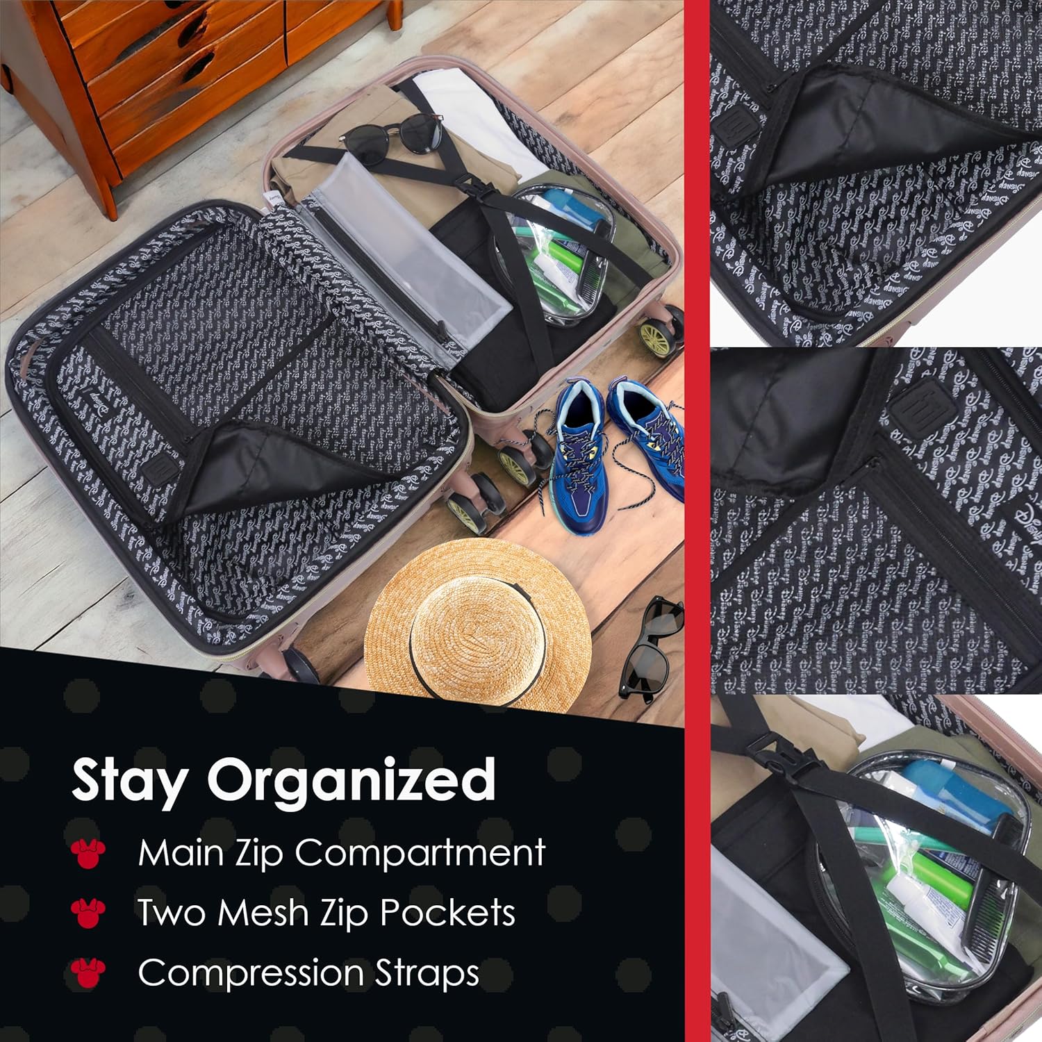 FUL Disney Minnie Mouse Rolling Luggage, Textured Hardshell Suitcase with Wheels, Rose Gold, 3 Piece Set - Image 3