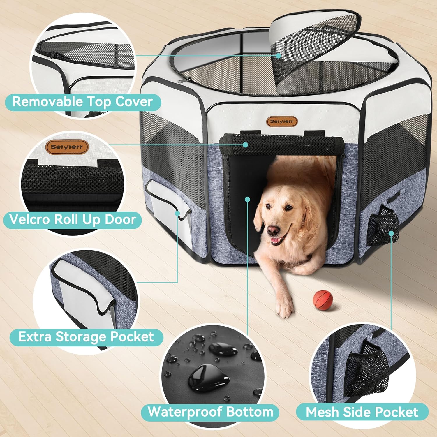 Dog Playpen, Portable Pet Play Pen Foldable Carrying Case, Puppy Pens Outsid for Small Cat Indoor/Outdoor, Removable Mesh Shade Cover - Image 2