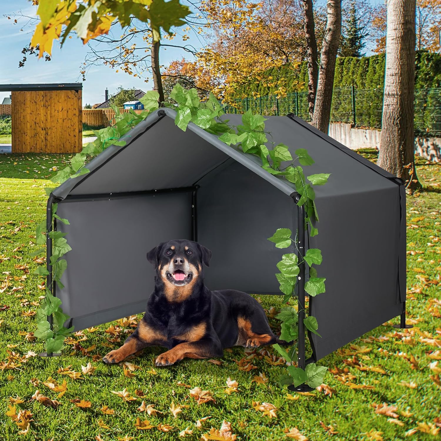 4'x 4'x 3.3' Large Dog Shade Shelter Outdoor Tent Dog House for Large Medium Dogs, Outside Sun Rain Canopy Pet House for Cats Pigs Livestock with Rainproof Cover Artificial Grapevine Leaves - Image 3