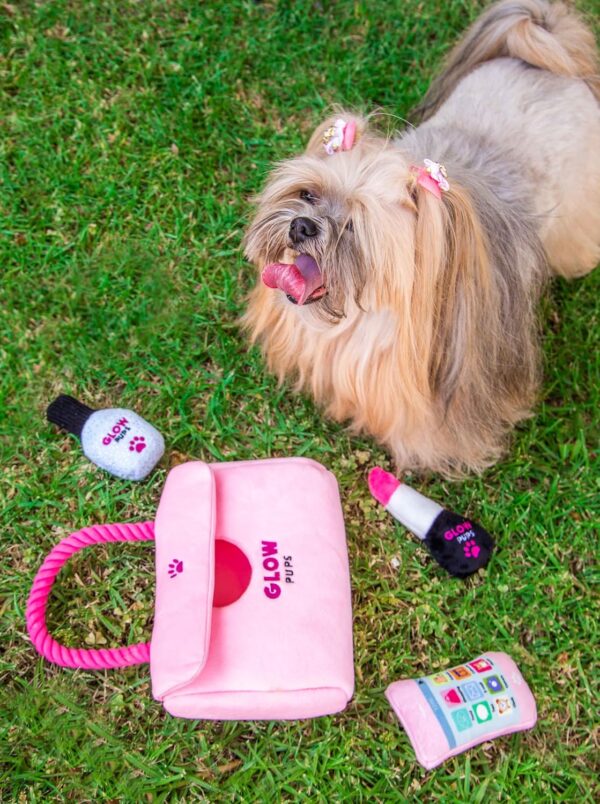 Hide and Seek Dog Toy, Pink Purse Plush Dog Toy with Squeakers, Crinkle Material & Rope Handle, Interactive Plush Lipstick, Cell Phone & Nail Polish Toys for Small Dogs - Pink/Fuchsia - Image 5