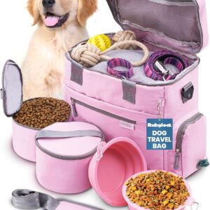 The Original Doggy Bag™ - Complete Dog Travel Bag for Supplies with 2 BPA-Free Travel Bowls & 2 Pet Food Containers - A Dog Mom Gift for Day Trips, Camping, Road Trips & Weekends Away - Lt. Pink