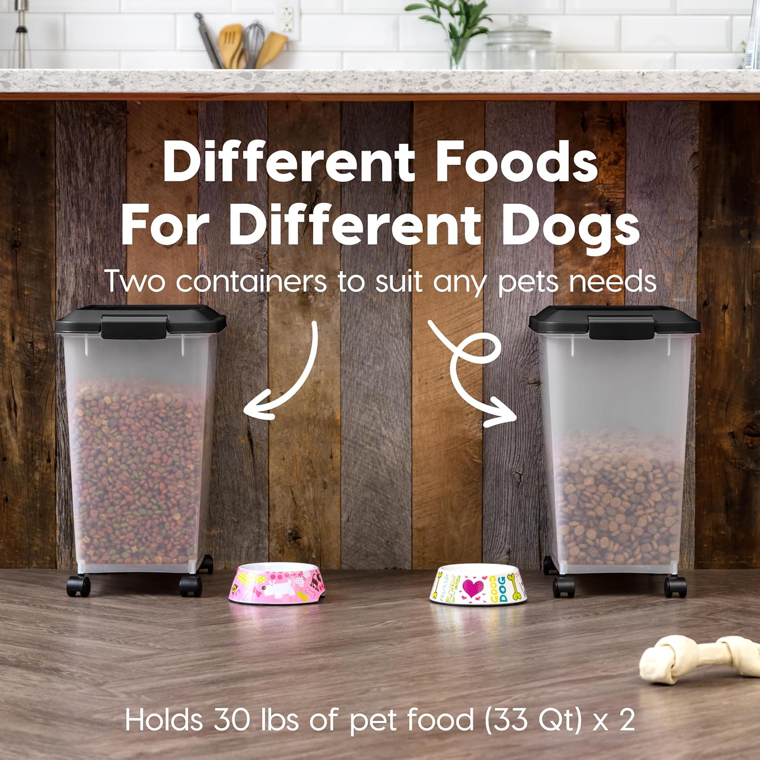 IRIS USA Dog Food Storage Container, 2 Pack, Up to 30 lbs Each, Airtight Seal for Freshness, Wheels for Rolling, Easy One Hand Opening, Made in USA, BPA Free, Clear/Black - Image 3
