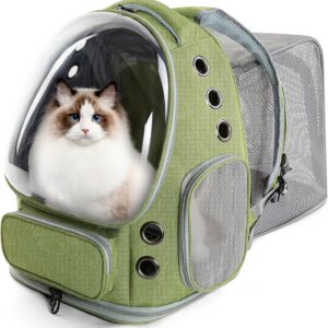 Cat Backpack Carrier, Bubble Expandable Cat Carrier for Cats or Small Dogs up to 15lbs, Airline-Approved, Large Space & Breathable Pet Backpack for Traveling, Hiking(Square Expandable, Green)