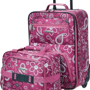 Rockland Fashion Softside Upright Luggage Set, Expandable, Wheel, Telescopic Handle, Pink Bandana, 2-Piece (14/19)