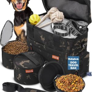 The Original Doggy Bag™ – Complete Dog Travel Bag for Supplies with 2 BPA-Free Travel Dog Bowls & 2 Pet Food Containers – Traveling Kit for Road Trips, Camping, Weekend Away or Doggy Gift – Camo
