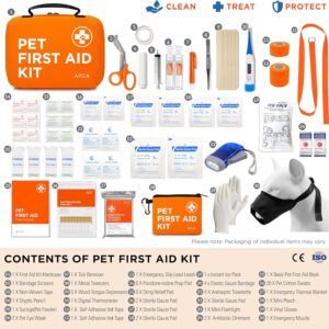 Cat & Dog First Aid Kit for Car – Pet Emergency Kit for Home Office Travel – Dog Camping Essentials with Digital Thermometer, Muzzle & Mini First Aid Pouch